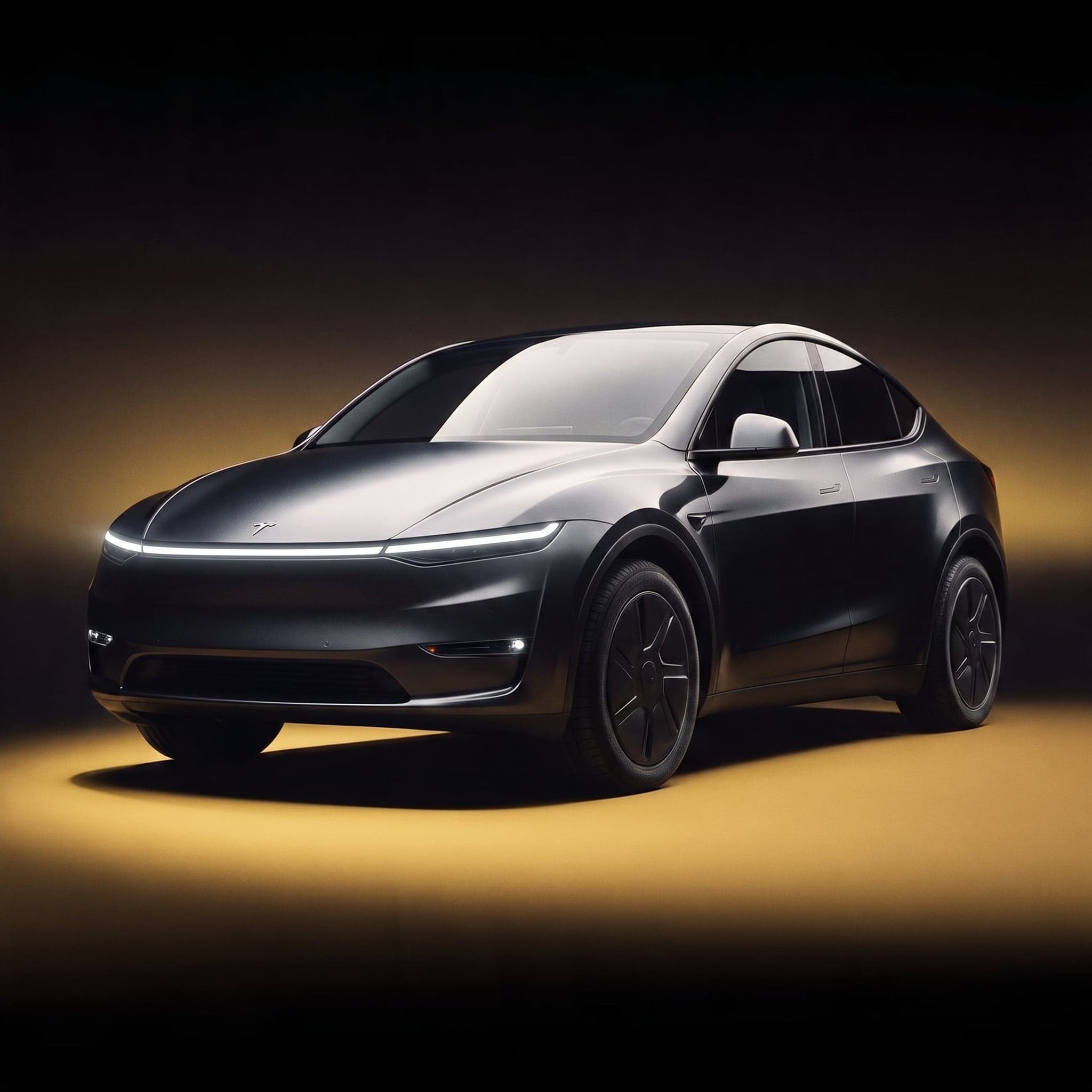 Tesla Model Y noire, éclairée par une lumière ambrée sur fond sombre